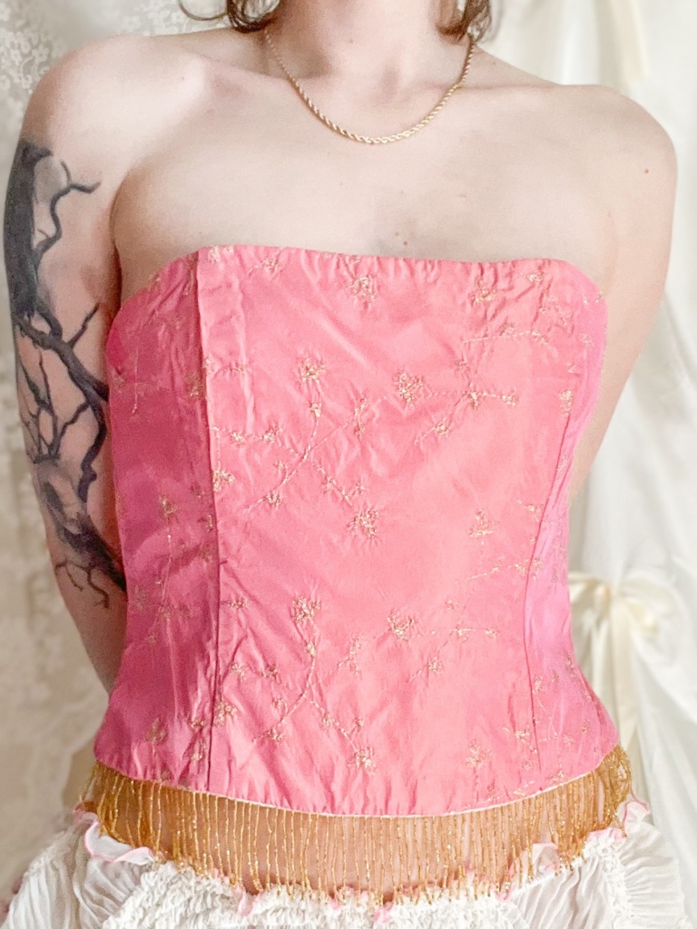 Gunne Sax Millennium Pink Beaded Fringe Corset Top
